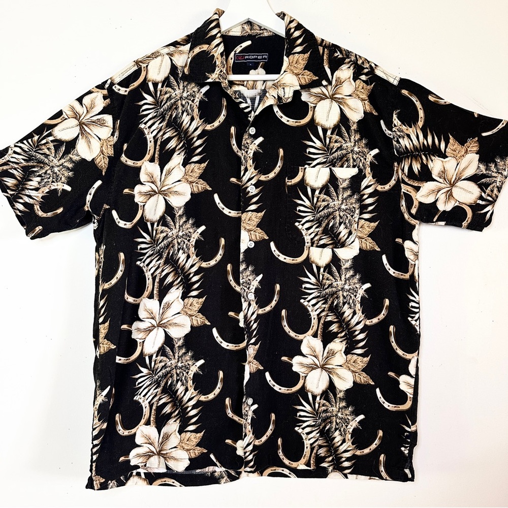 Roper Tropical Horseshoes Textured Cotton Shirt L Black Tan Equestrian